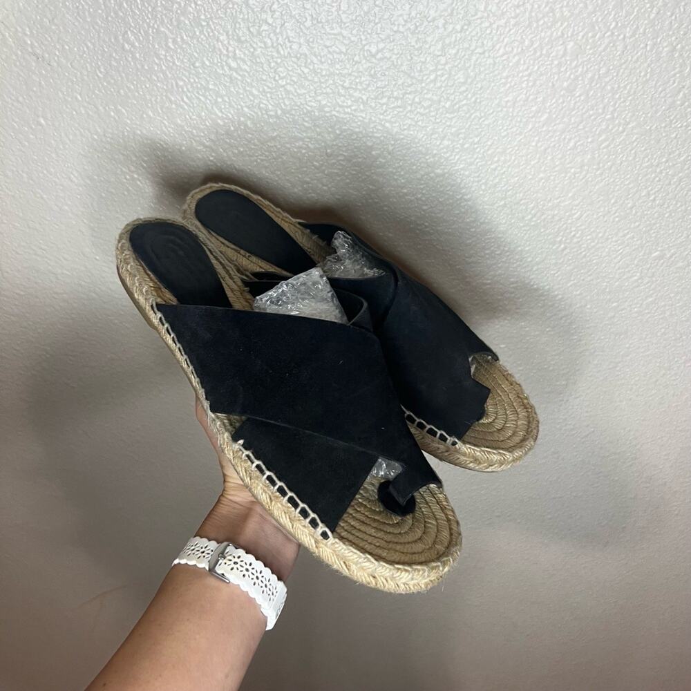 Vince Carlita Women 11 Black Suede Espadrille Slide Sandals Criss-Cross Toe Loop